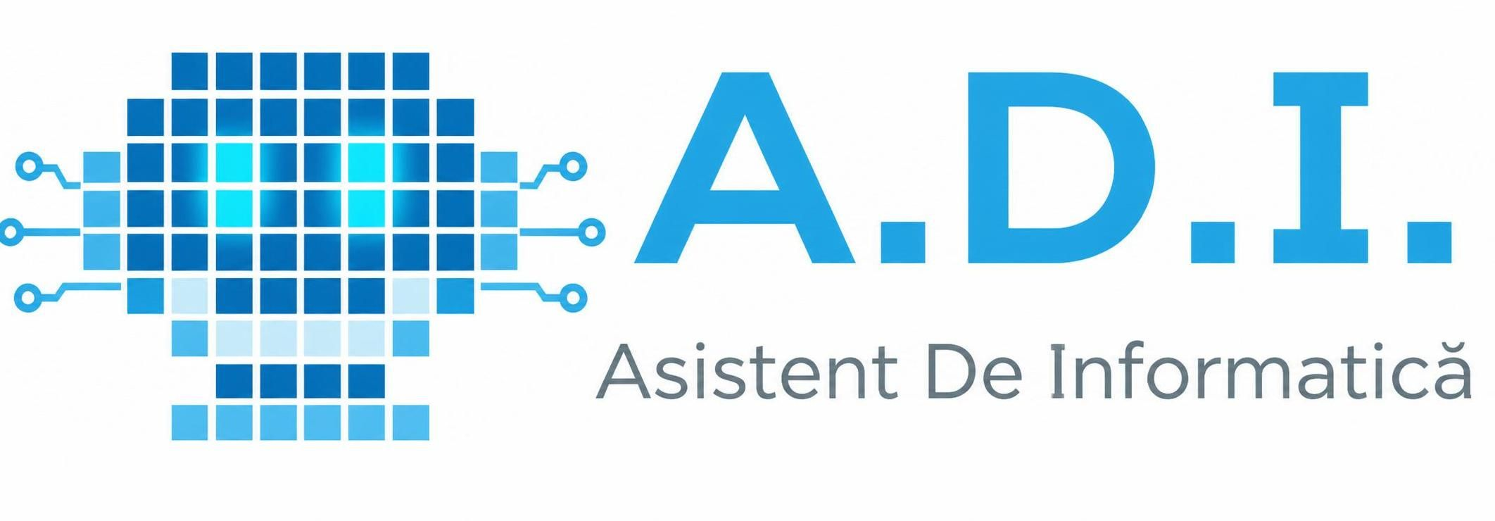 Website logo featuring a blue pixelated robot
                    head and the name of the website: 'A.D.I.'; Subtitle: 'Asistent de Informatică'